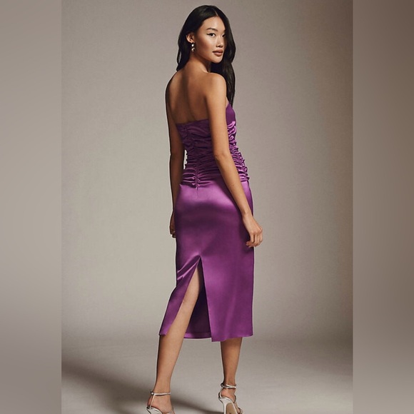 BHLDN Selena Strapless Stretch Satin‎ Slip Ruched Midi Dress Purple Size Medium - Picture 4 of 15